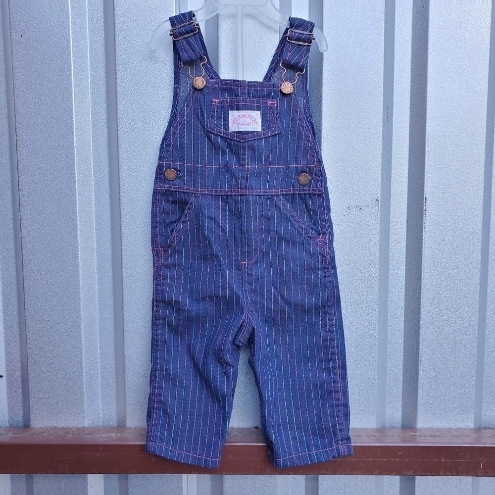 Vtg All American Overall Dark Denim rainbow pastel pinstripes 18m
